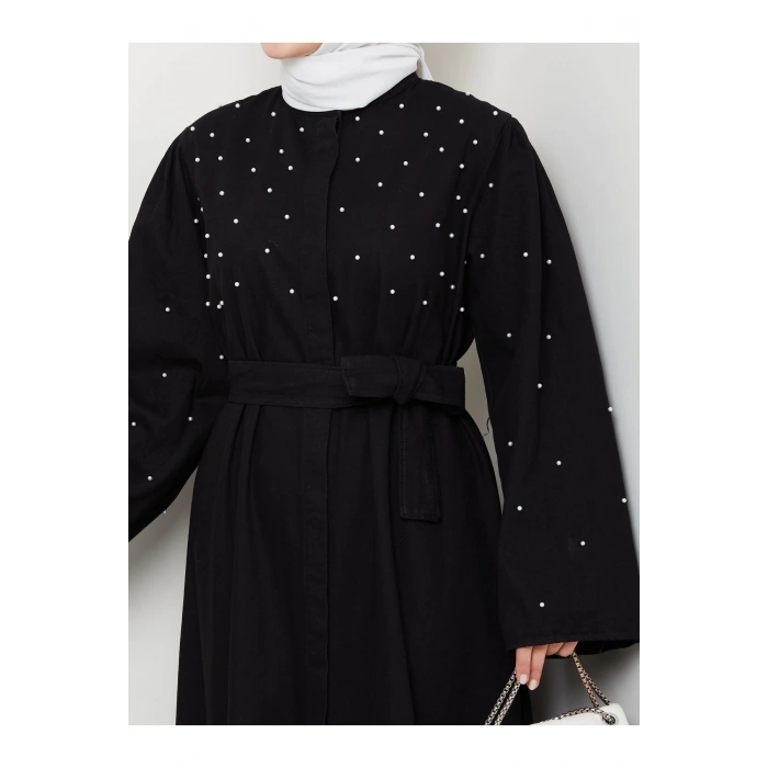 İNCİ DETAYLİ ABİYE FUL DÜĞME KAPATMA SİYAH KOT ELBİSE TESETTÜR
