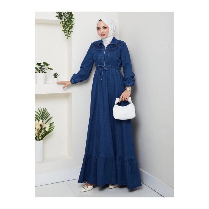 ÖNÜ FERMUARLI CEO DETAYLI MAVİ KOT ELBİSE TESETTÜR