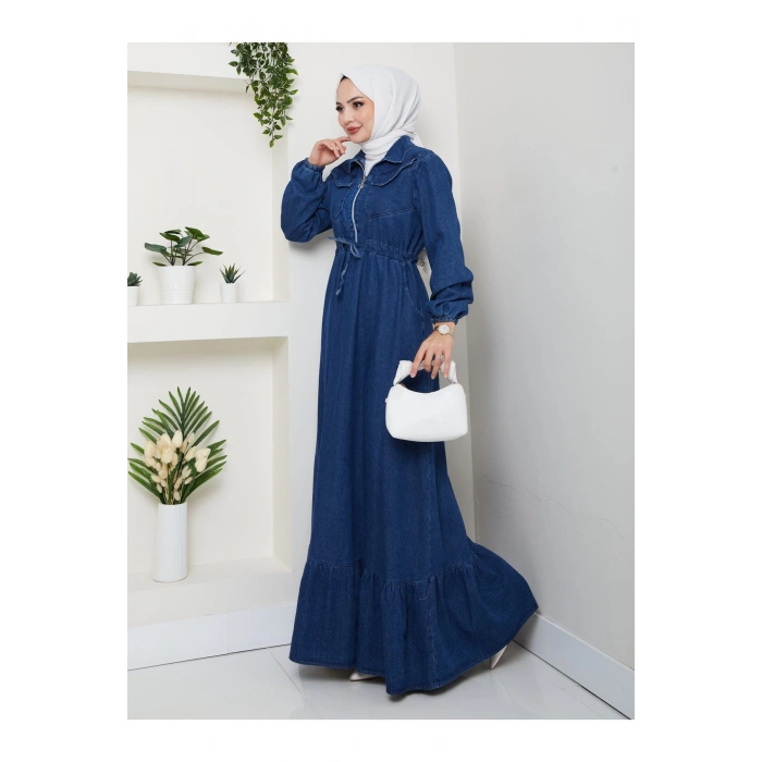 ÖNÜ FERMUARLI CEO DETAYLI MAVİ KOT ELBİSE TESETTÜR
