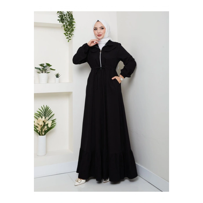 ÖNÜ FERMUARLI CEO DETAYLI SİYAH KOT ELBİSE TESETTÜR