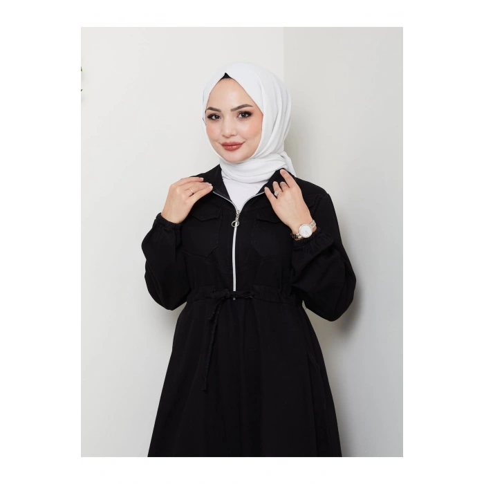 ÖNÜ FERMUARLI CEO DETAYLI SİYAH KOT ELBİSE TESETTÜR