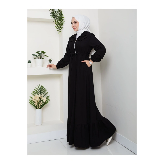 ÖNÜ FERMUARLI CEO DETAYLI SİYAH KOT ELBİSE TESETTÜR