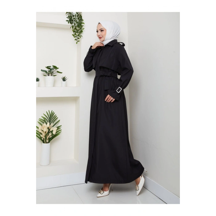 UZUN TRENCH 140 CM BOYUNDA TRENÇKOT SİYAH