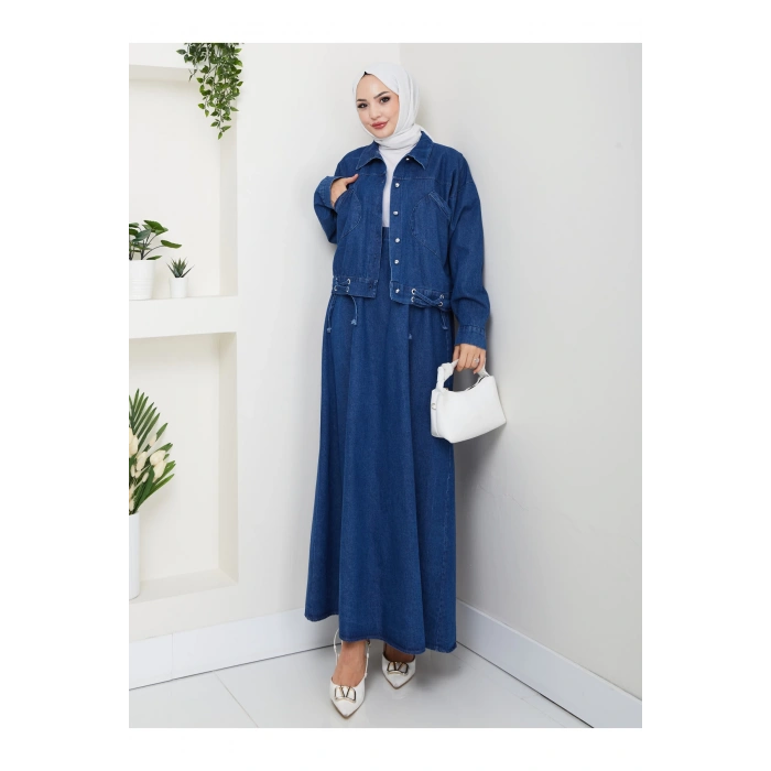 CEPLİ DETAYLİ MAVİ KOT TESETTÜR ETEKLİ TAKIM KOT KUMAŞ