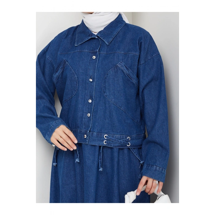 CEPLİ DETAYLİ MAVİ KOT TESETTÜR ETEKLİ TAKIM KOT KUMAŞ