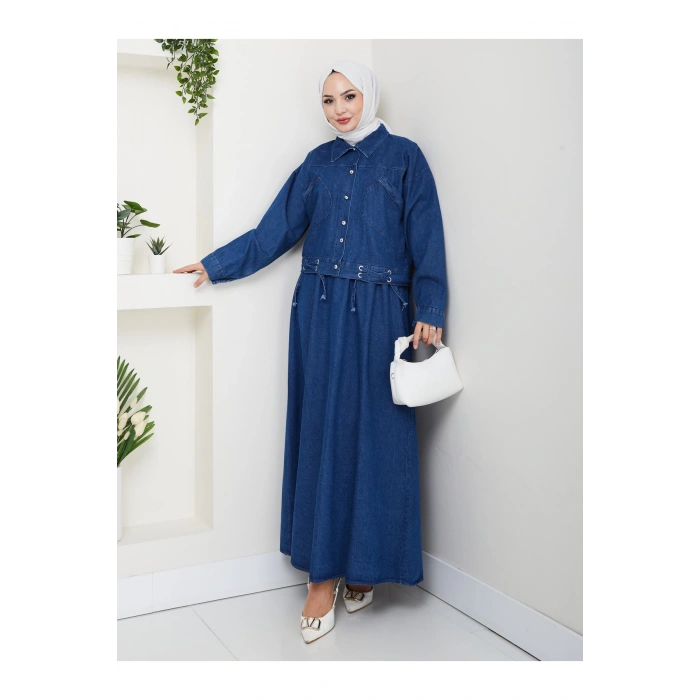 CEPLİ DETAYLİ MAVİ KOT TESETTÜR ETEKLİ TAKIM KOT KUMAŞ