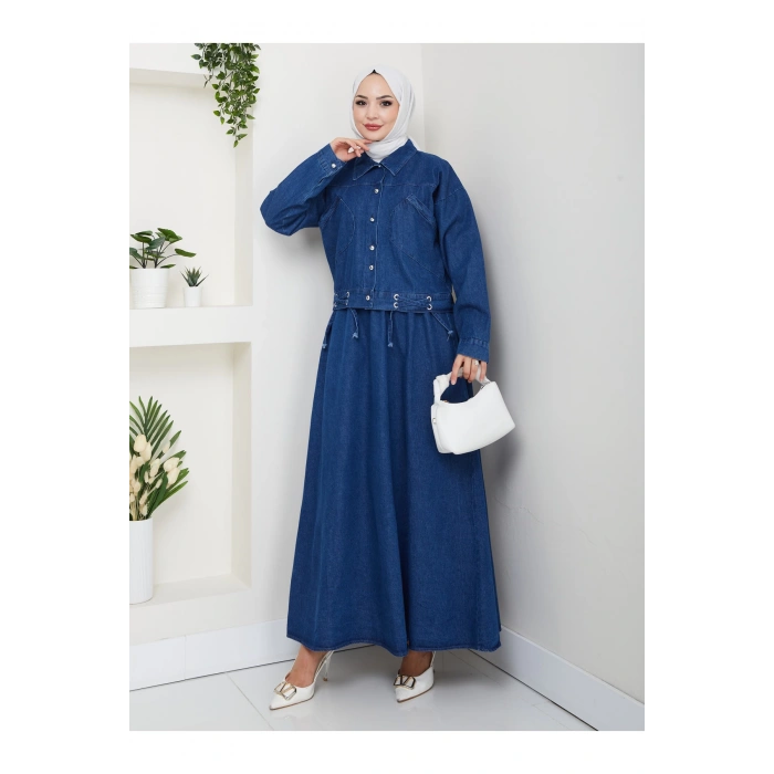 CEPLİ DETAYLİ MAVİ KOT TESETTÜR ETEKLİ TAKIM KOT KUMAŞ