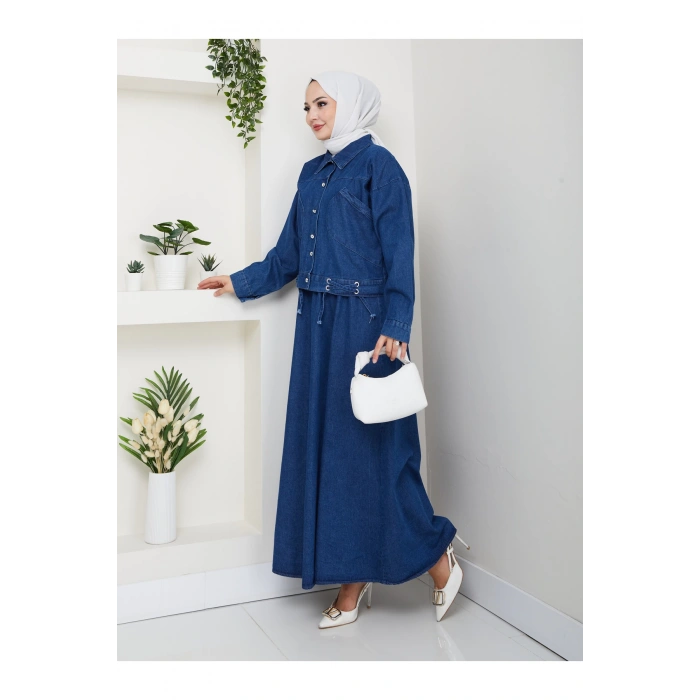 CEPLİ DETAYLİ MAVİ KOT TESETTÜR ETEKLİ TAKIM KOT KUMAŞ