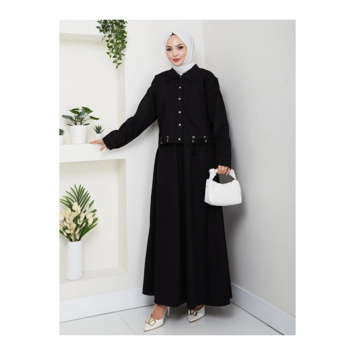 CEPLİ DETAYLİ SİYAH KOT TESETTÜR ETEKLİ TAKIM KOT KUMAŞ