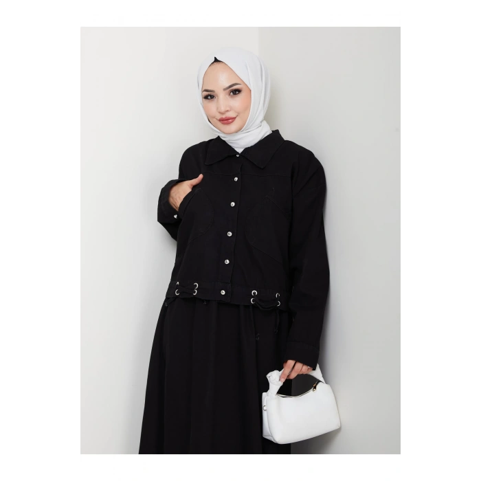 CEPLİ DETAYLİ SİYAH KOT TESETTÜR ETEKLİ TAKIM KOT KUMAŞ