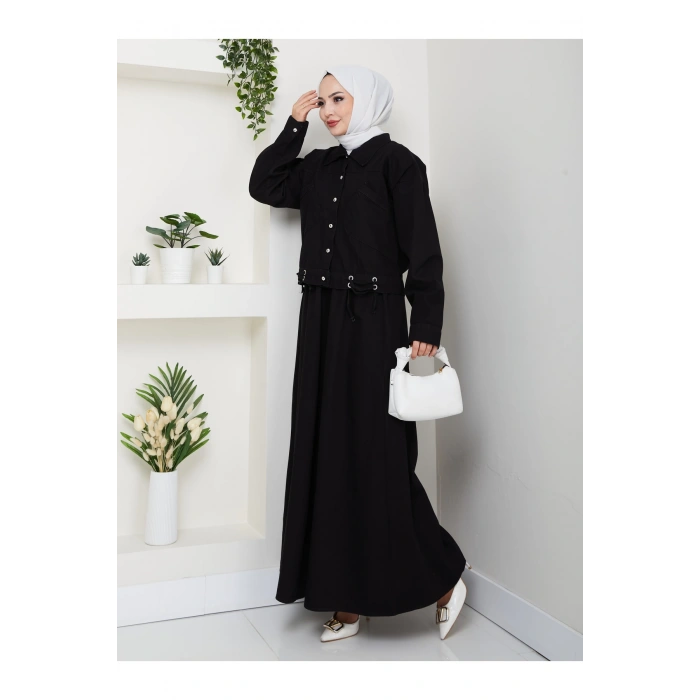 CEPLİ DETAYLİ SİYAH KOT TESETTÜR ETEKLİ TAKIM KOT KUMAŞ