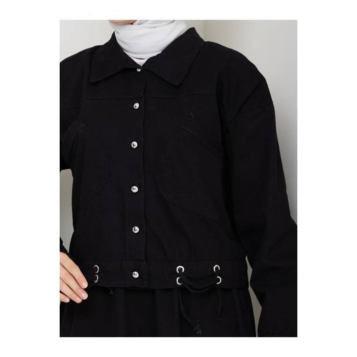 CEPLİ DETAYLİ SİYAH KOT TESETTÜR ETEKLİ TAKIM KOT KUMAŞ