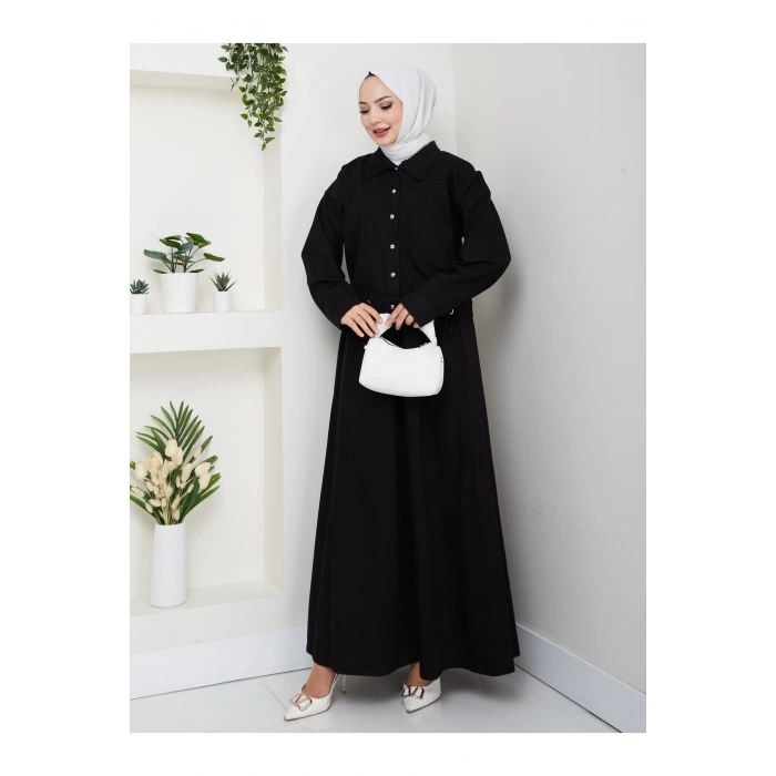 CEPLİ DETAYLİ SİYAH KOT TESETTÜR ETEKLİ TAKIM KOT KUMAŞ