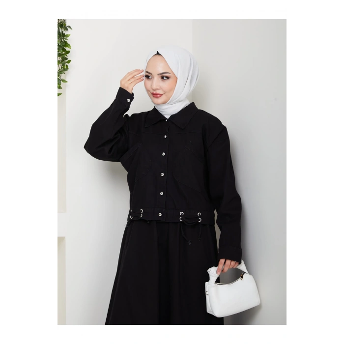 CEPLİ DETAYLİ SİYAH KOT TESETTÜR ETEKLİ TAKIM KOT KUMAŞ