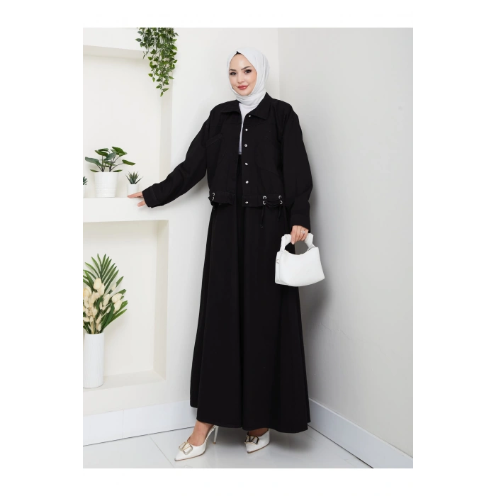 CEPLİ DETAYLİ SİYAH KOT TESETTÜR ETEKLİ TAKIM KOT KUMAŞ