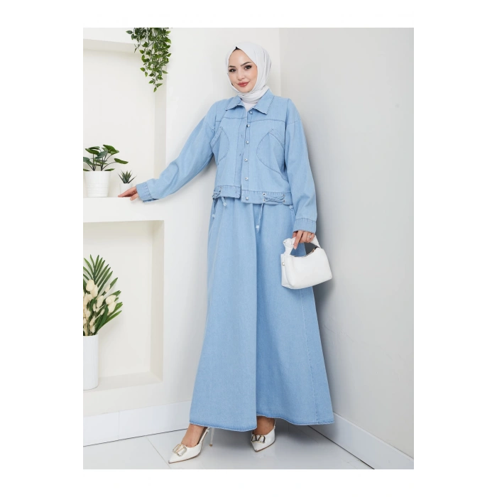 CEPLİ DETAYLİ AÇIK MAVİ KOT TESETTÜR ETEKLİ TAKIM KOT KUMAŞ