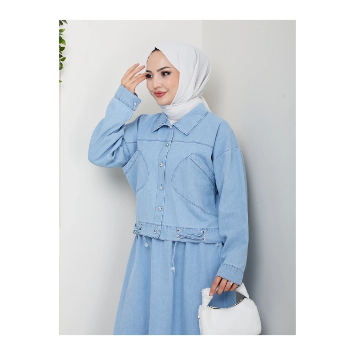 CEPLİ DETAYLİ AÇIK MAVİ KOT TESETTÜR ETEKLİ TAKIM KOT KUMAŞ