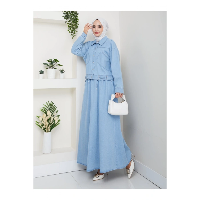 CEPLİ DETAYLİ AÇIK MAVİ KOT TESETTÜR ETEKLİ TAKIM KOT KUMAŞ