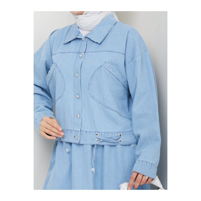 CEPLİ DETAYLİ AÇIK MAVİ KOT TESETTÜR ETEKLİ TAKIM KOT KUMAŞ