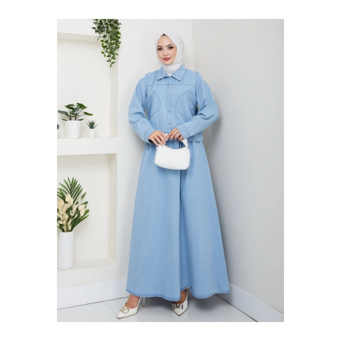 CEPLİ DETAYLİ AÇIK MAVİ KOT TESETTÜR ETEKLİ TAKIM KOT KUMAŞ