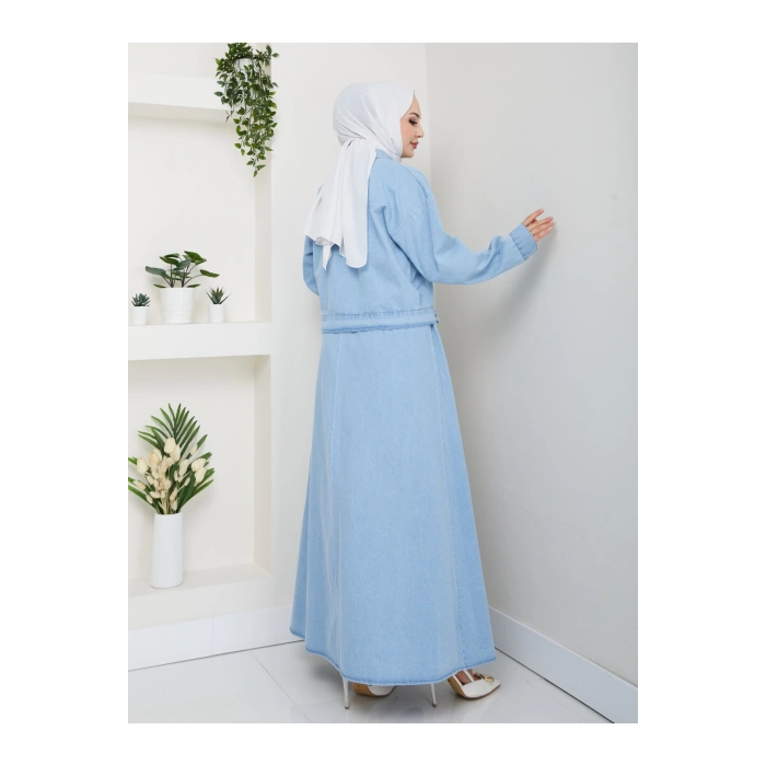 CEPLİ DETAYLİ AÇIK MAVİ KOT TESETTÜR ETEKLİ TAKIM KOT KUMAŞ