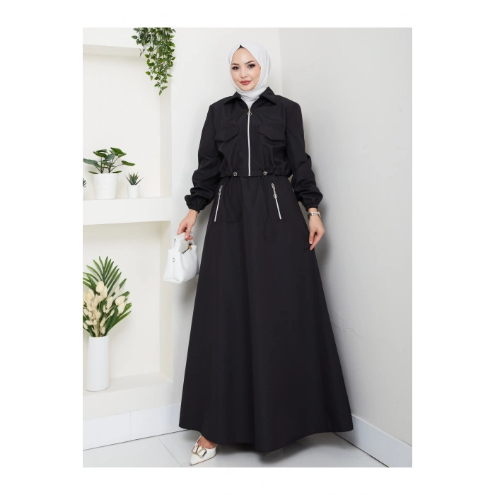 FERMUARLI CEPLİ TRENÇKOT ETEKLİ TAKIM TESETTÜR TAKIM SİYAH