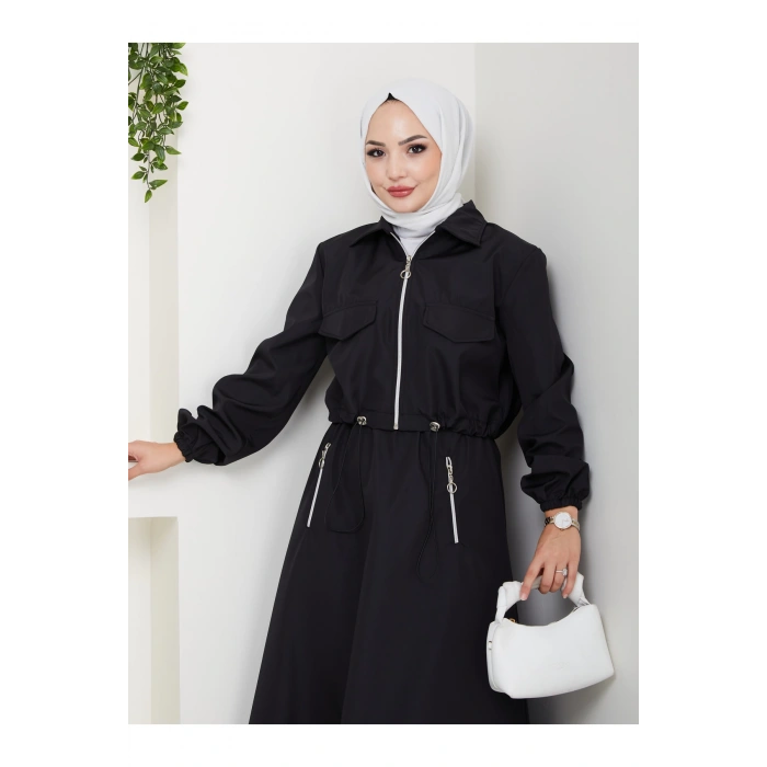 FERMUARLI CEPLİ TRENÇKOT ETEKLİ TAKIM TESETTÜR TAKIM SİYAH