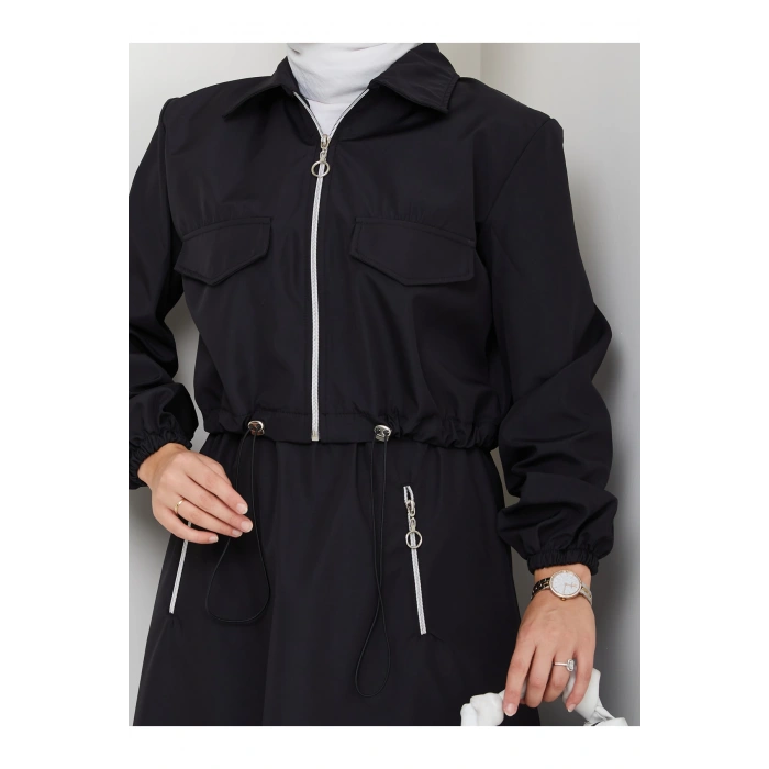 FERMUARLI CEPLİ TRENÇKOT ETEKLİ TAKIM TESETTÜR TAKIM SİYAH