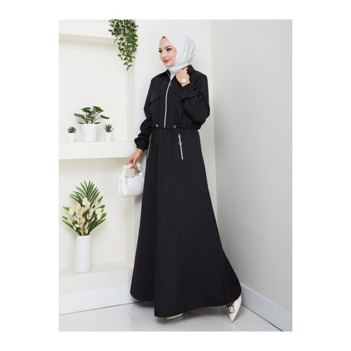 FERMUARLI CEPLİ TRENÇKOT ETEKLİ TAKIM TESETTÜR TAKIM SİYAH