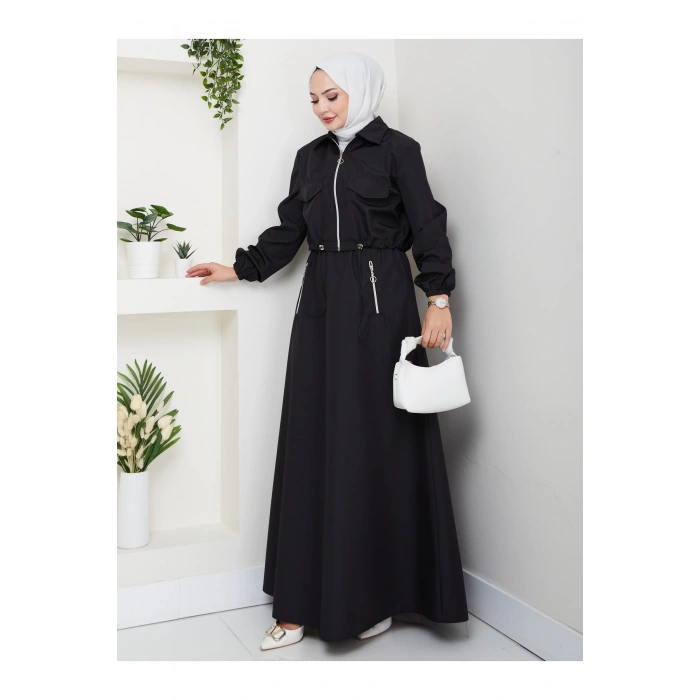 FERMUARLI CEPLİ TRENÇKOT ETEKLİ TAKIM TESETTÜR TAKIM SİYAH