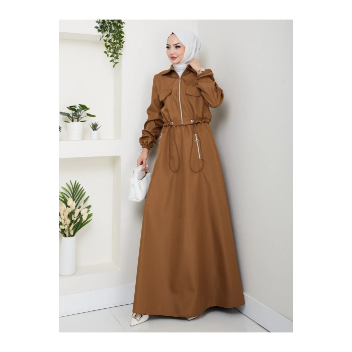 FERMUARLI CEPLİ TRENÇKOT ETEKLİ TAKIM TESETTÜR TAKIM KAHVE