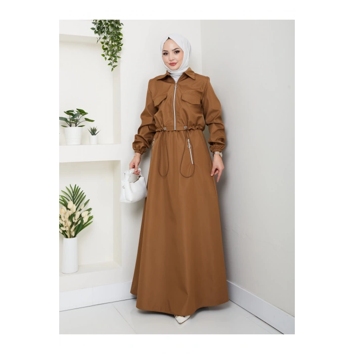 FERMUARLI CEPLİ TRENÇKOT ETEKLİ TAKIM TESETTÜR TAKIM KAHVE