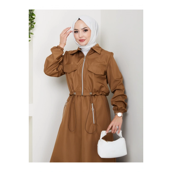 FERMUARLI CEPLİ TRENÇKOT ETEKLİ TAKIM TESETTÜR TAKIM KAHVE