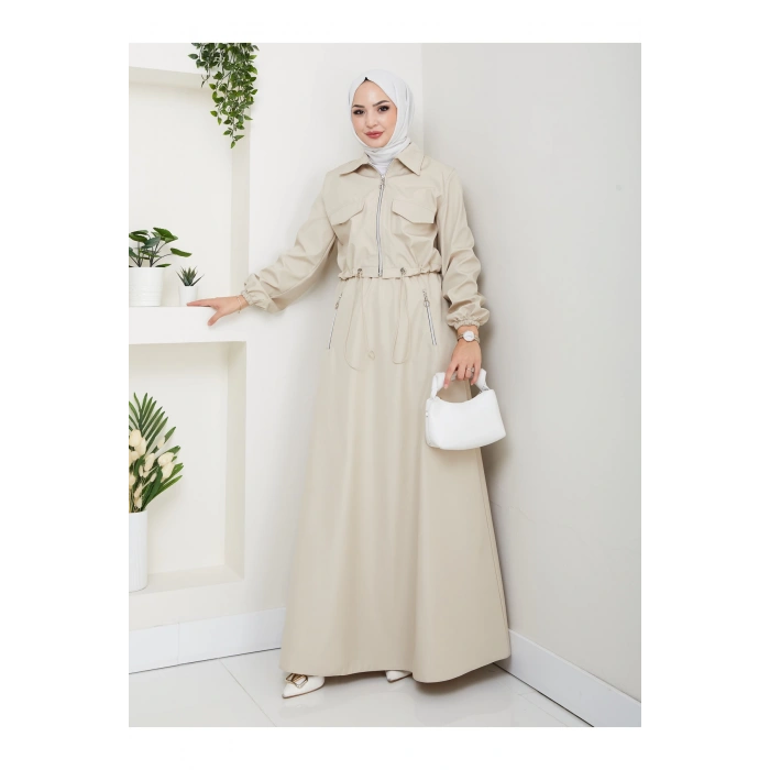 FERMUARLI CEPLİ TRENÇKOT ETEKLİ TAKIM TESETTÜR TAKIM KREM