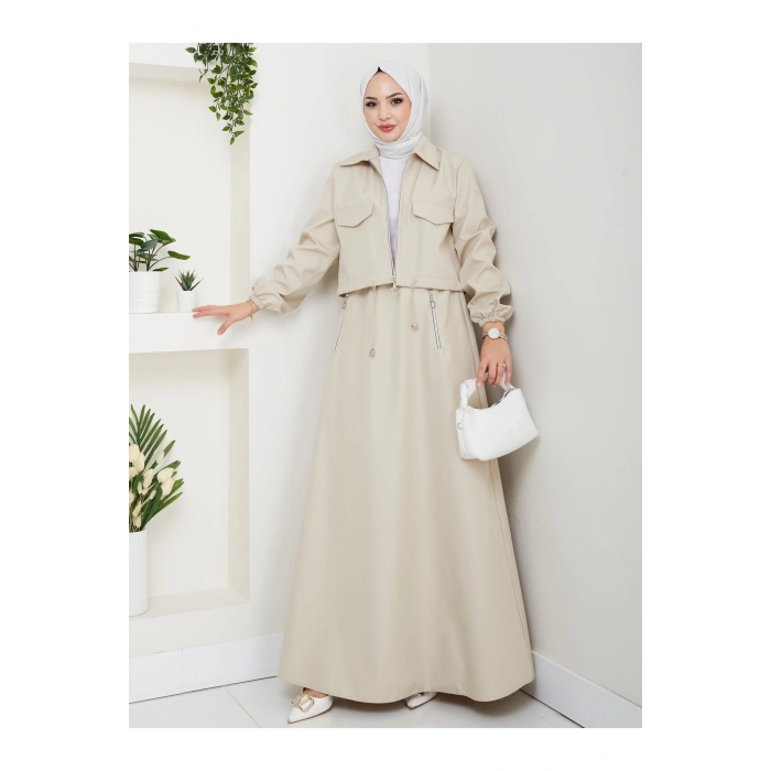 FERMUARLI CEPLİ TRENÇKOT ETEKLİ TAKIM TESETTÜR TAKIM KREM