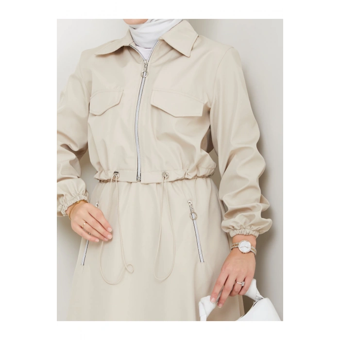 FERMUARLI CEPLİ TRENÇKOT ETEKLİ TAKIM TESETTÜR TAKIM KREM