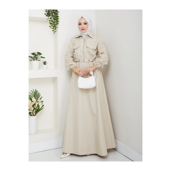 FERMUARLI CEPLİ TRENÇKOT ETEKLİ TAKIM TESETTÜR TAKIM KREM