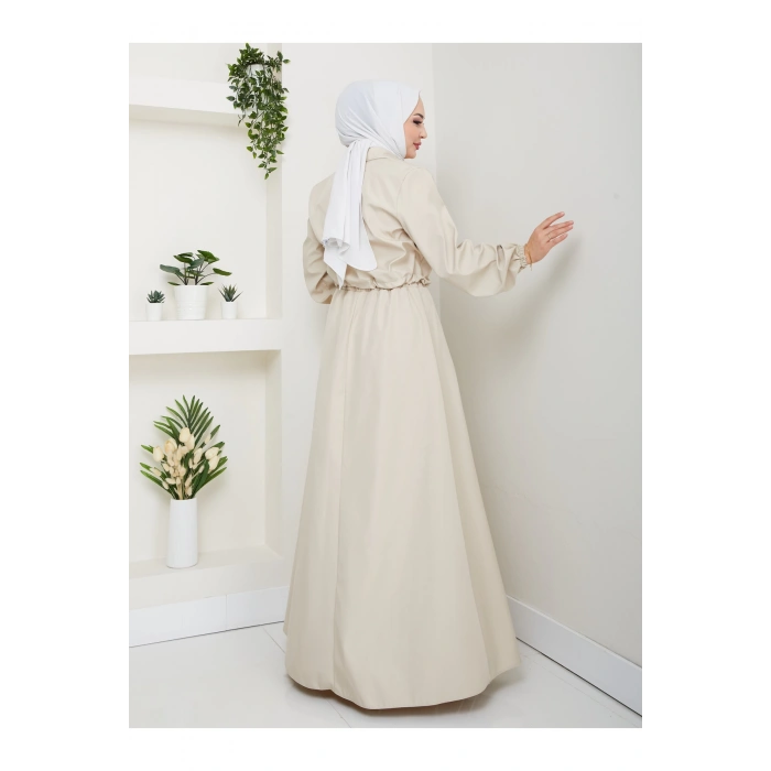 FERMUARLI CEPLİ TRENÇKOT ETEKLİ TAKIM TESETTÜR TAKIM KREM