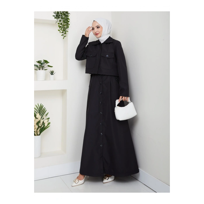 DÜĞMELİ DETAYLI CEPLİ TRENÇKOT ETEKLİ TAKIM TESETTÜR TAKIM SİYAH