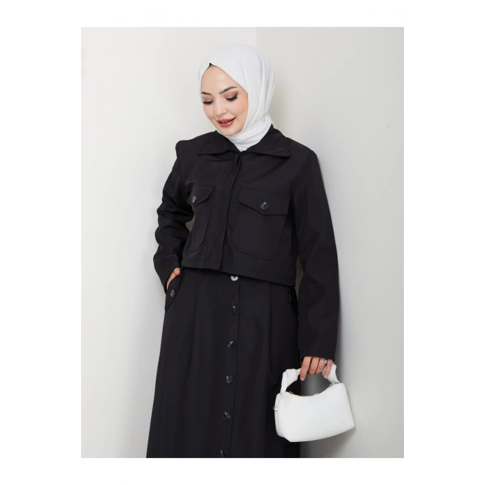 DÜĞMELİ DETAYLI CEPLİ TRENÇKOT ETEKLİ TAKIM TESETTÜR TAKIM SİYAH
