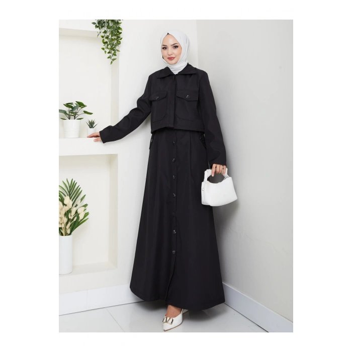 DÜĞMELİ DETAYLI CEPLİ TRENÇKOT ETEKLİ TAKIM TESETTÜR TAKIM SİYAH