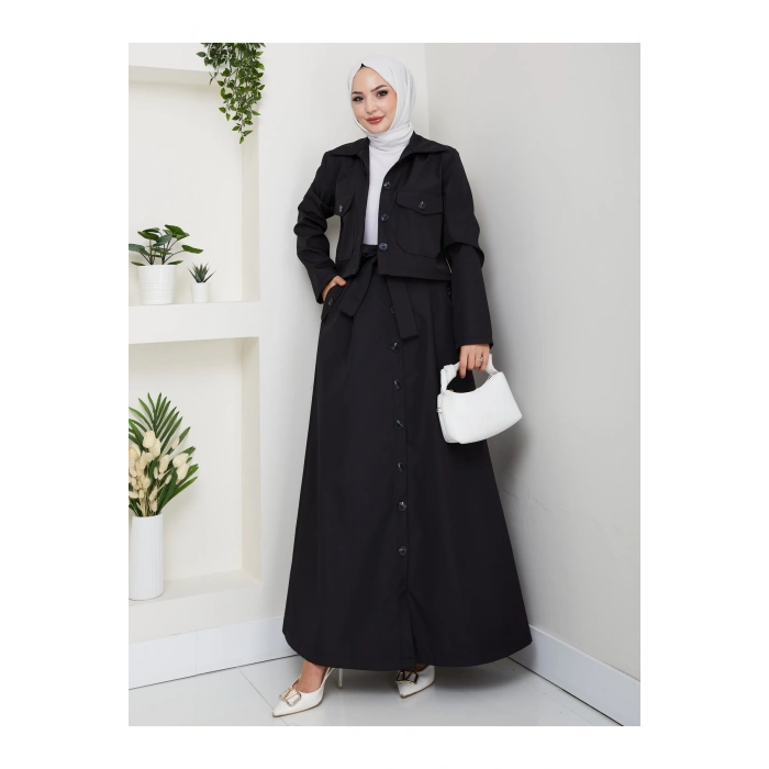 DÜĞMELİ DETAYLI CEPLİ TRENÇKOT ETEKLİ TAKIM TESETTÜR TAKIM SİYAH