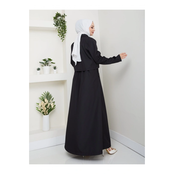 DÜĞMELİ DETAYLI CEPLİ TRENÇKOT ETEKLİ TAKIM TESETTÜR TAKIM SİYAH