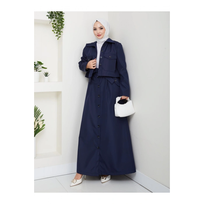 DÜĞMELİ DETAYLI CEPLİ TRENÇKOT ETEKLİ TAKIM TESETTÜR TAKIM LACİVERT