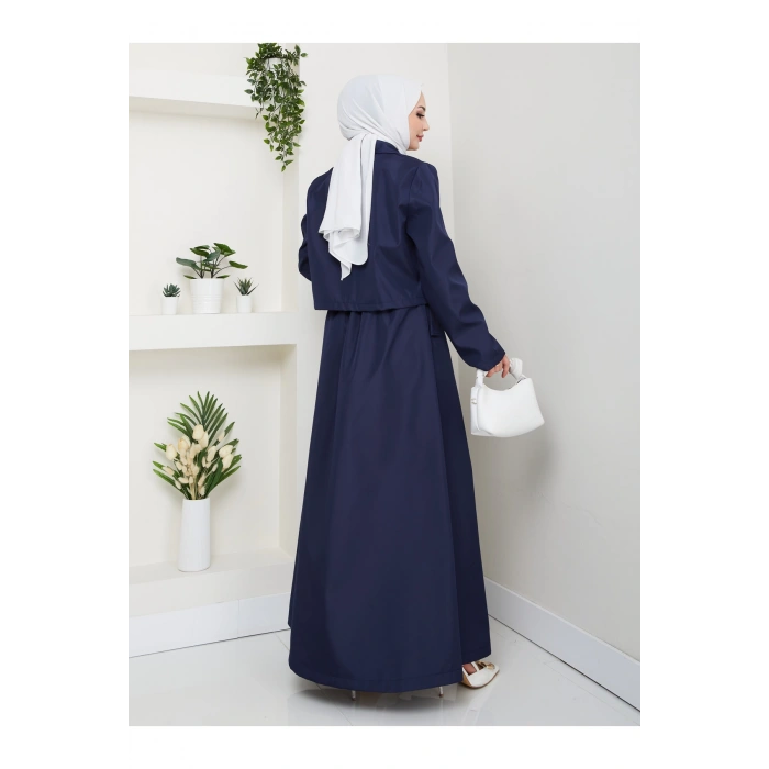 DÜĞMELİ DETAYLI CEPLİ TRENÇKOT ETEKLİ TAKIM TESETTÜR TAKIM LACİVERT