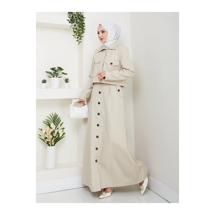 DÜĞMELİ DETAYLI CEPLİ TRENÇKOT ETEKLİ TAKIM TESETTÜR TAKIM KREM