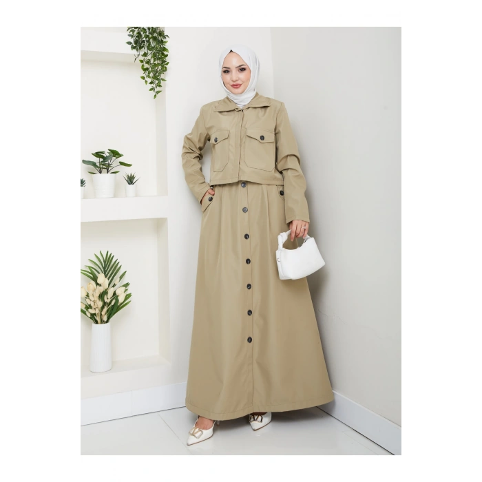 DÜĞMELİ DETAYLI CEPLİ TRENÇKOT ETEKLİ TAKIM TESETTÜR TAKIM MİNT