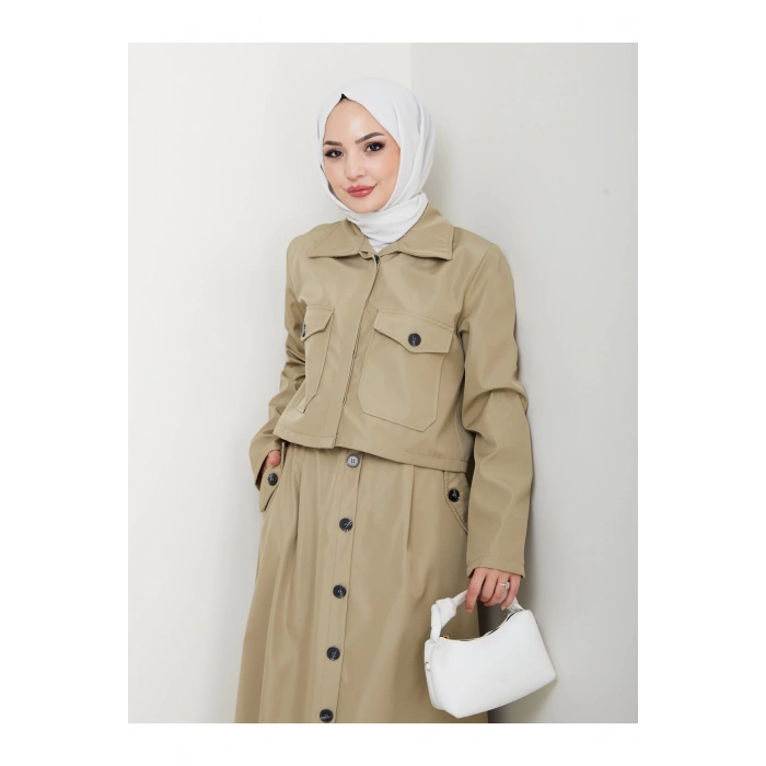 DÜĞMELİ DETAYLI CEPLİ TRENÇKOT ETEKLİ TAKIM TESETTÜR TAKIM MİNT