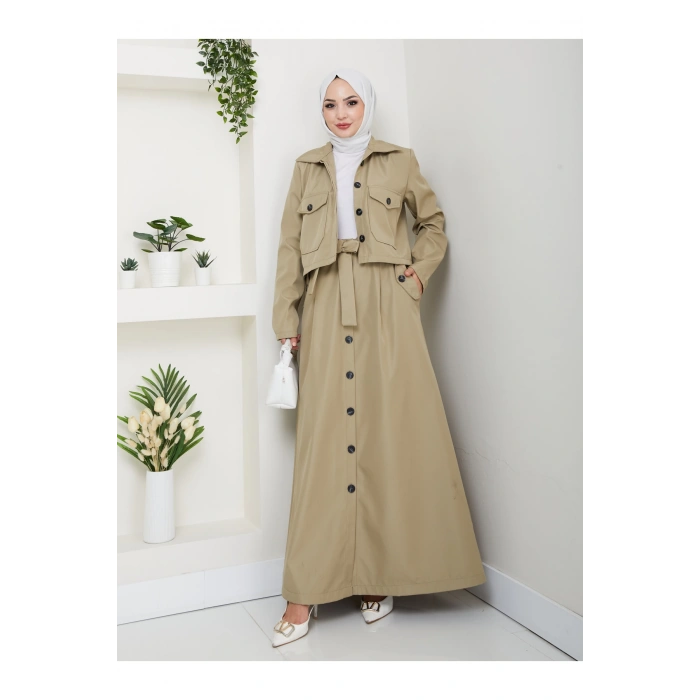 DÜĞMELİ DETAYLI CEPLİ TRENÇKOT ETEKLİ TAKIM TESETTÜR TAKIM MİNT