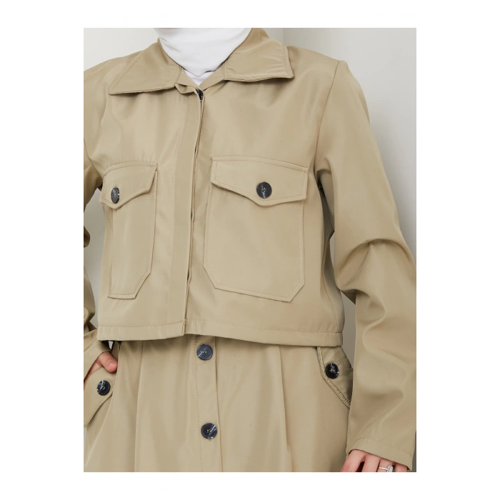 DÜĞMELİ DETAYLI CEPLİ TRENÇKOT ETEKLİ TAKIM TESETTÜR TAKIM MİNT